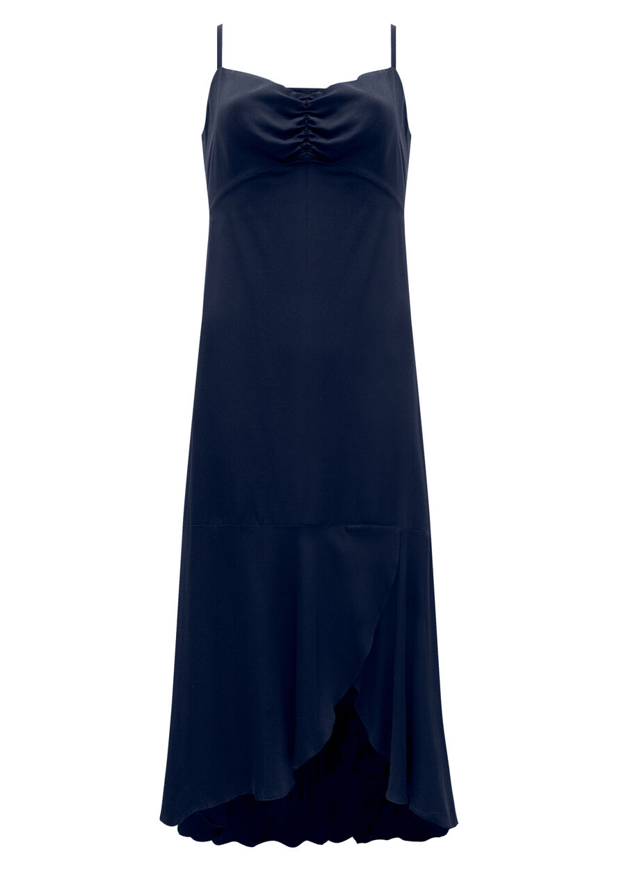 Vestido Midi Chá De Alças Finas Com Fenda E Busto Franzido, MARINHO ACTION. Vestido Midi Chá De Alças Finas Com Fenda E Busto Franzido, MARINHO ACTION, large.
