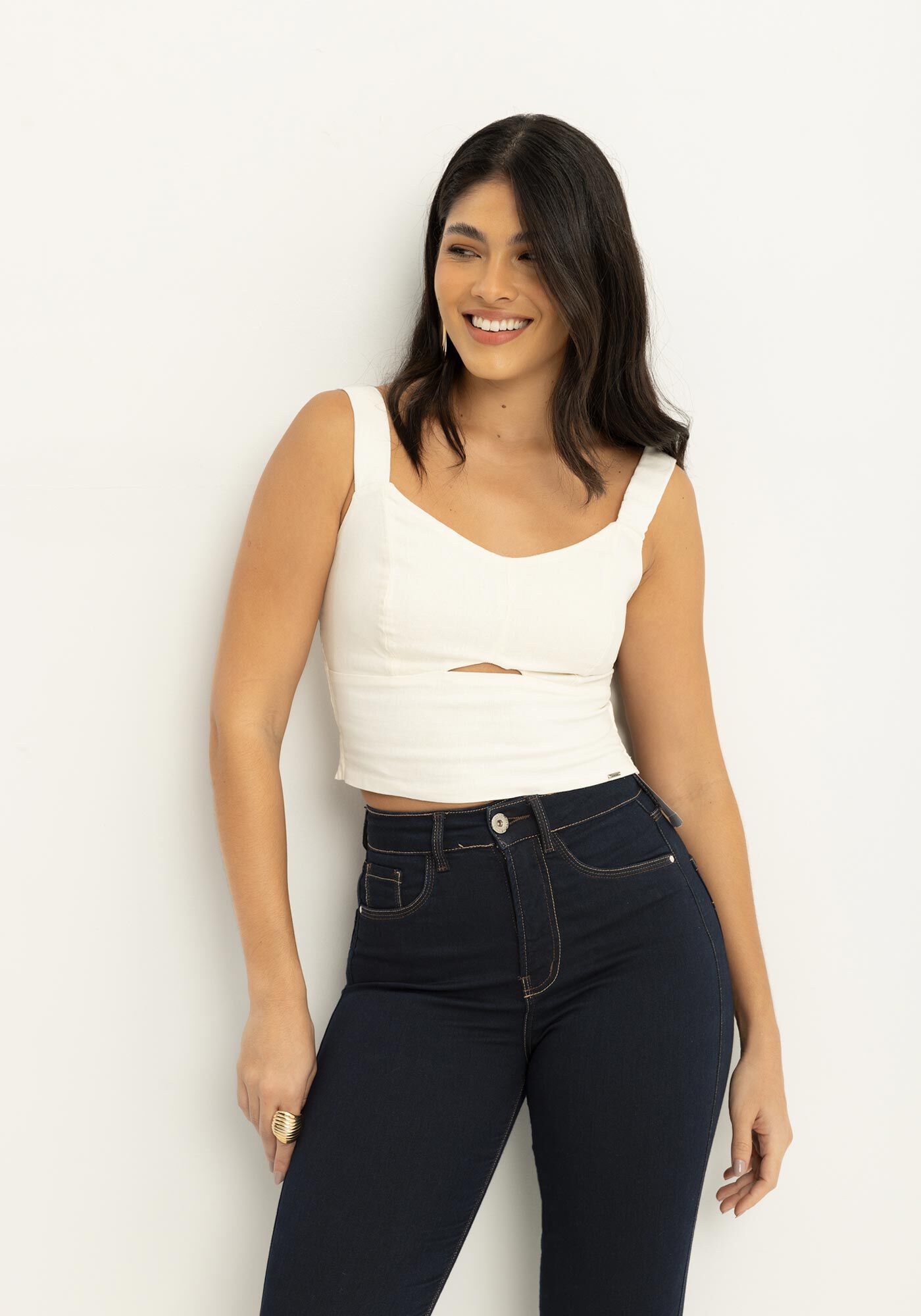 Cal&ccedil;a Jeans Skinny Com Elastano E Cintura Alta Chapa Barriga, JEANS, large.