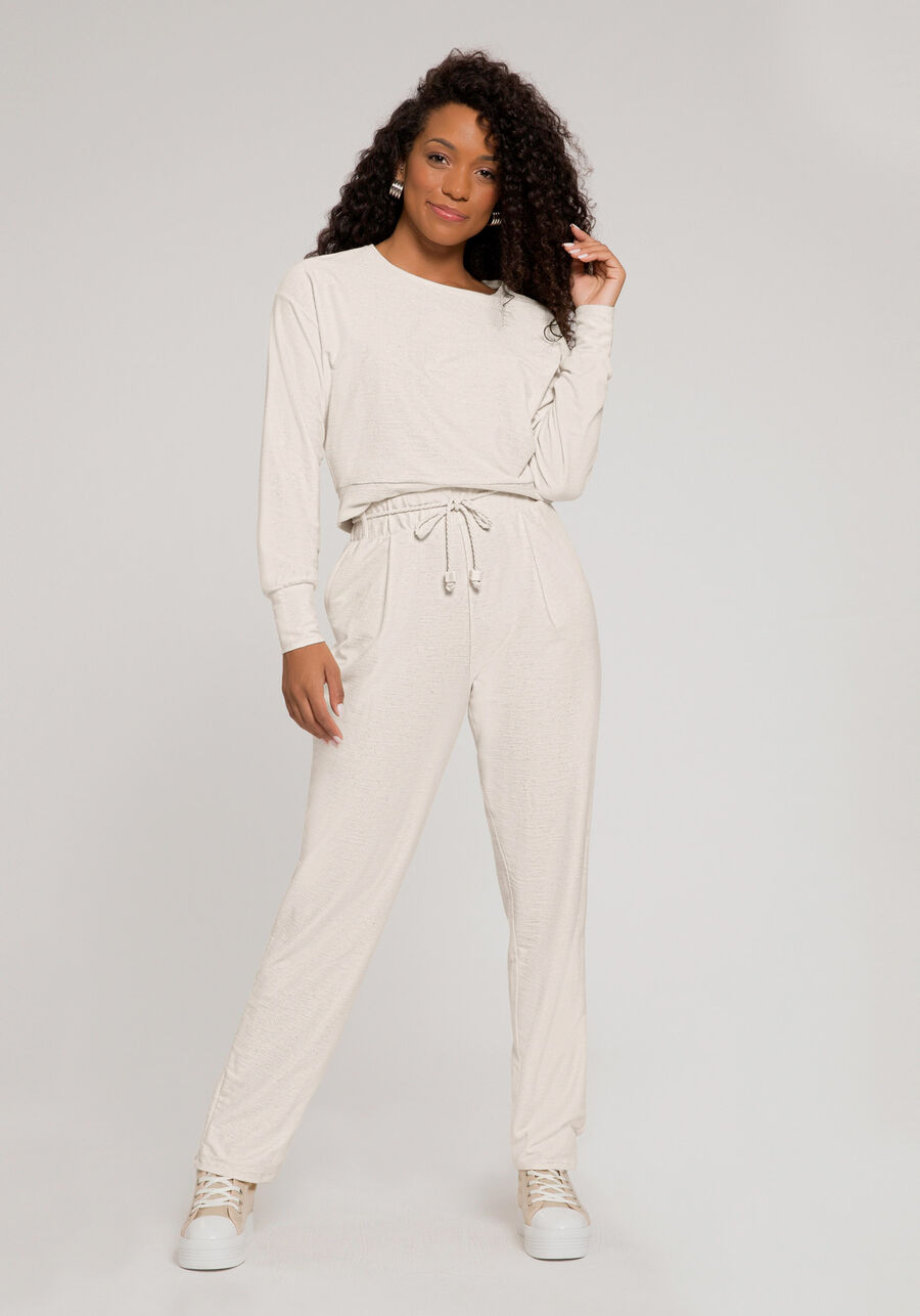 Conjunto Blusa Cropped e Calça Jogging em Malha Lino, BRANCO OFF WHITE. Conjunto Blusa Cropped e Calça Jogging em Malha Lino, BRANCO OFF WHITE, large.
