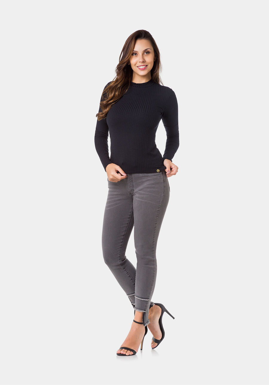 Blusa Manga Longa Canelada com Gola Alta, PRETO REATIVO. Blusa Manga Longa Canelada com Gola Alta, PRETO REATIVO, large.
