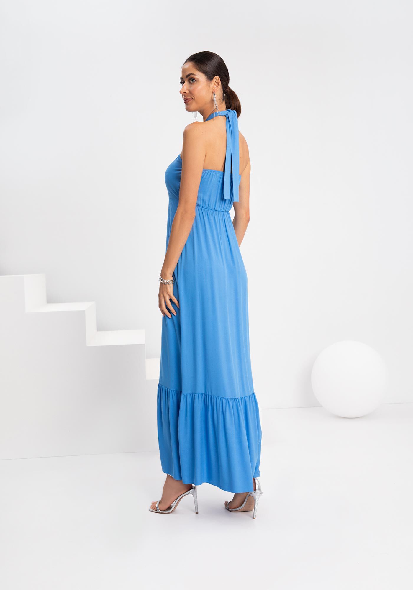 Vestido Longo Frente &Uacute;nica Com Babado Na Barra Em Viscose, AZUL CARIBE, large.