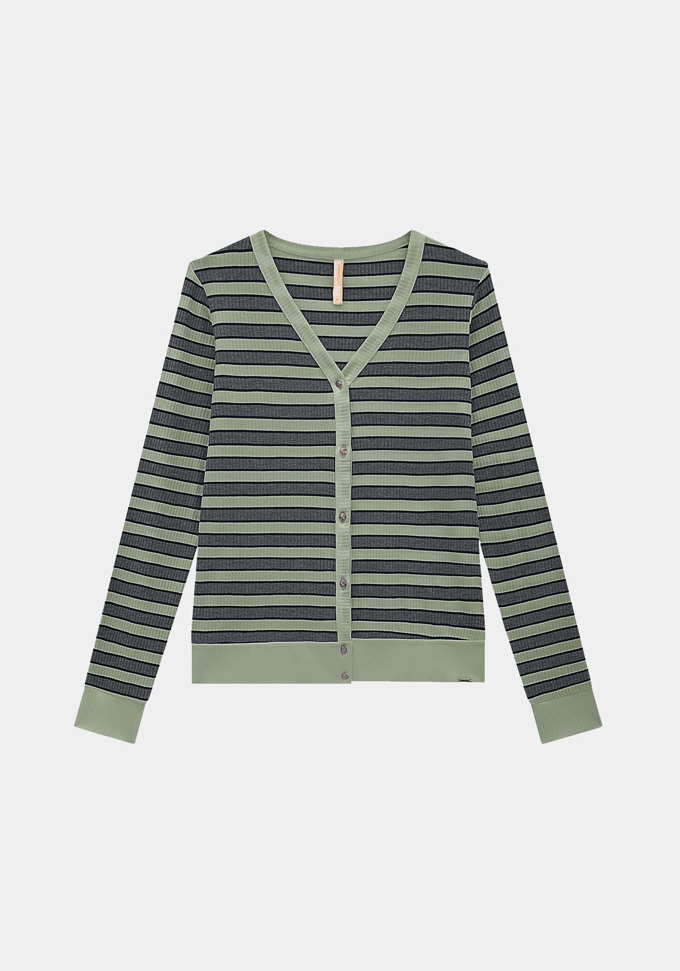 Cardigan Canelado Listrado com Decote V, , large.