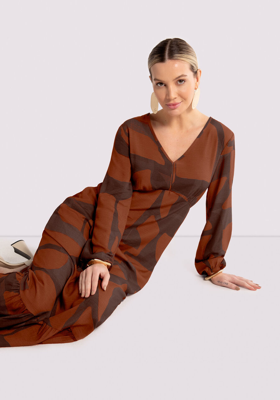 Vestido Longo Estampado em Viscose com Manga Longa, . Vestido Longo Estampado em Viscose com Manga Longa, , large.