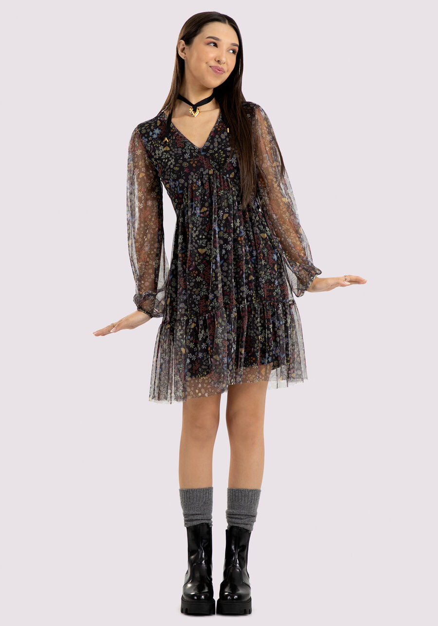 Vestido Curto Juvenil em Tule Estampado, BUTTERFLY PRETO. Vestido Curto Juvenil em Tule Estampado, BUTTERFLY PRETO, large.