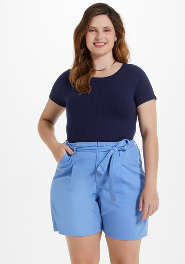 Blusa De Mangas Curtas Em Malha Canelada De Viscose, PRETO REATIVO. Blusa De Mangas Curtas Em Malha Canelada De Viscose, PRETO REATIVO, large.