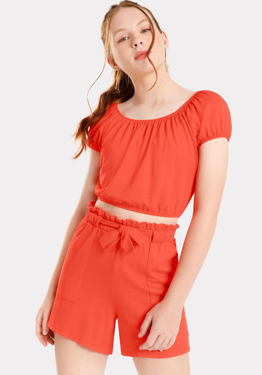 Conjunto Juvenil com Blusa Cropped e Shorts Cintura Alta, VERMELHO CEREJA. Conjunto Juvenil com Blusa Cropped e Shorts Cintura Alta, VERMELHO CEREJA, large.