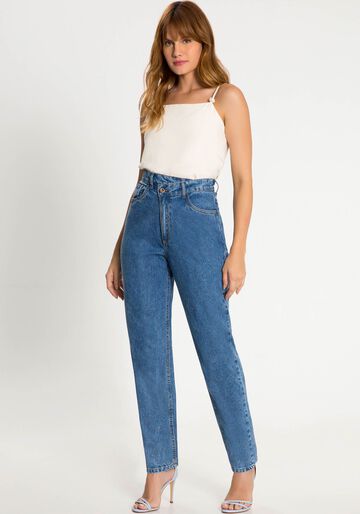 Calça Jeans Mommy com Cós Deslocado, JEANS, large.