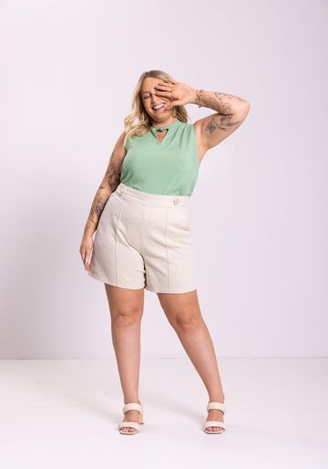 Shorts Com Cintura Alta E Nervuras Em Sarja Com Elastano, BEGE SYSTEM. Shorts Com Cintura Alta E Nervuras Em Sarja Com Elastano, BEGE SYSTEM, large.