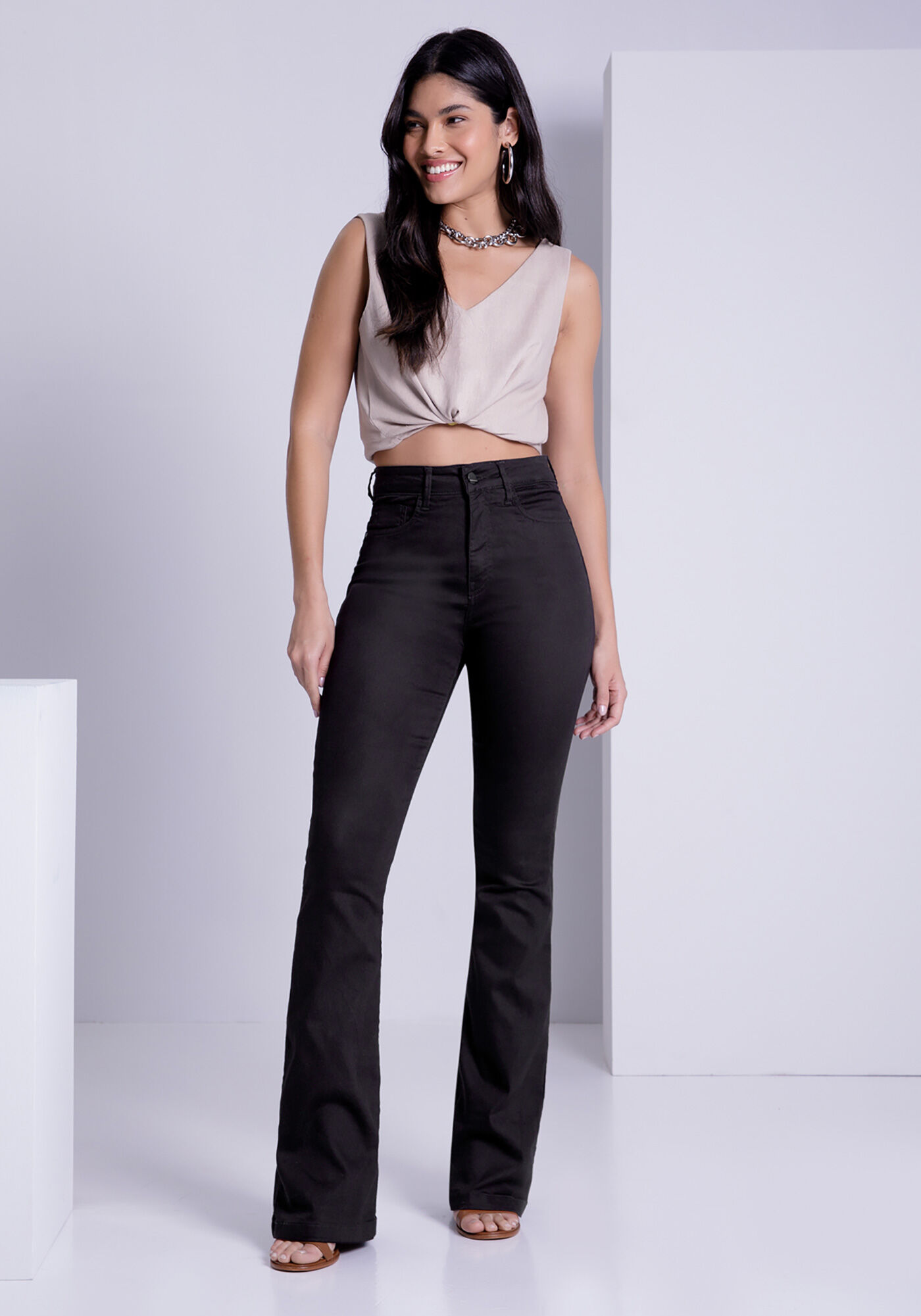 Calça jeans flare shop preta cintura alta
