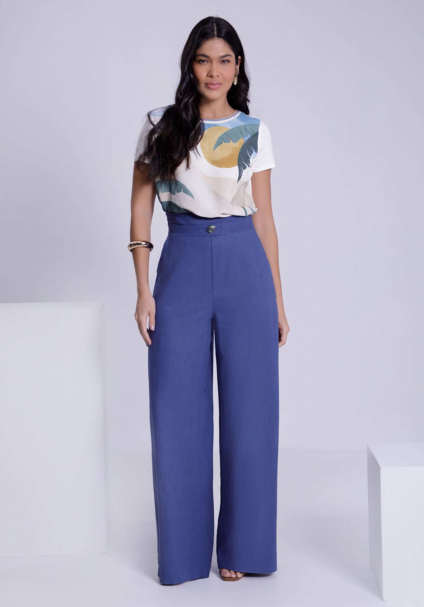 Blusa Estampada em Malha e Tecido com Retil&iacute;nea, , large.