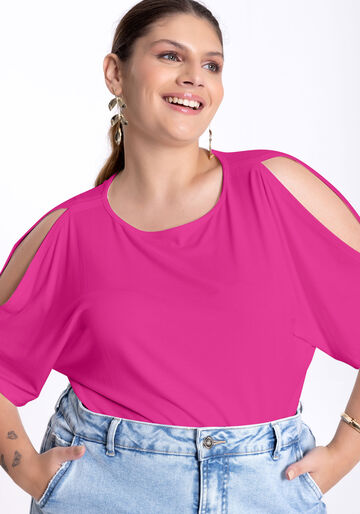 Blusa Plus Size em Malha com Abertura Ombros, ROSA PRIMAVERA, large.
