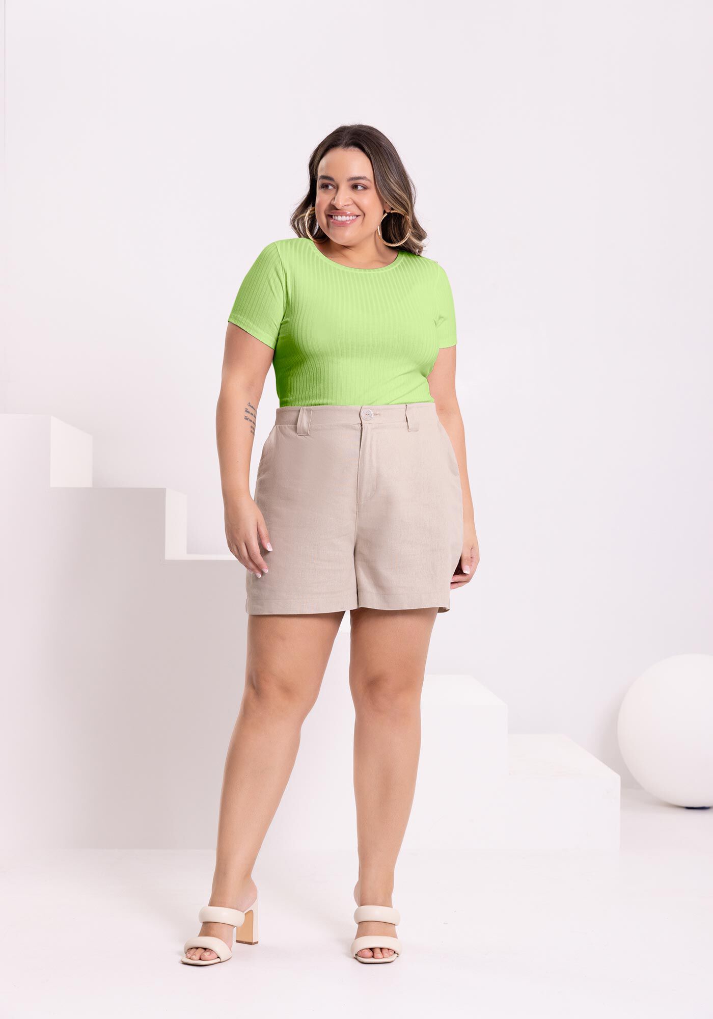 Blusa De Mangas Curtas Em Malha Canelada De Viscose, VERDE NAMIBIA, large.