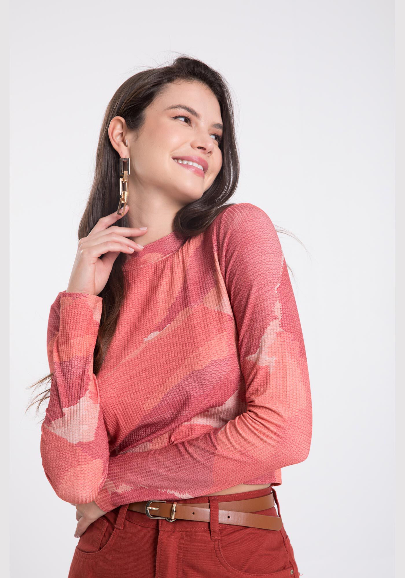 Blusa Cropped Manga Longa Canelada Estampada, , large.