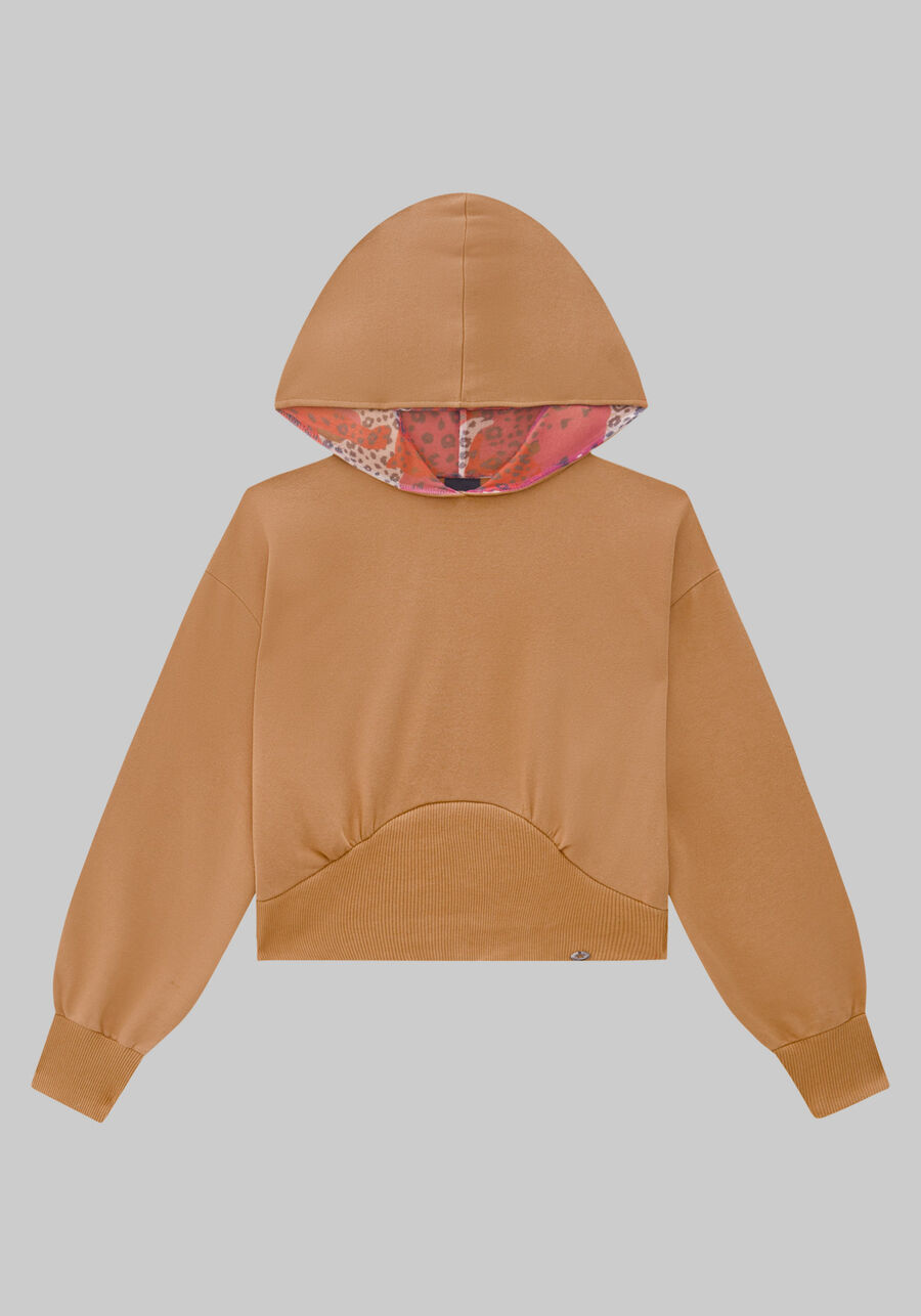 Blusão Cropped Juvenil com Capuz Estampado, BEGE CAMEL LIGHT. Blusão Cropped Juvenil com Capuz Estampado, BEGE CAMEL LIGHT, large.