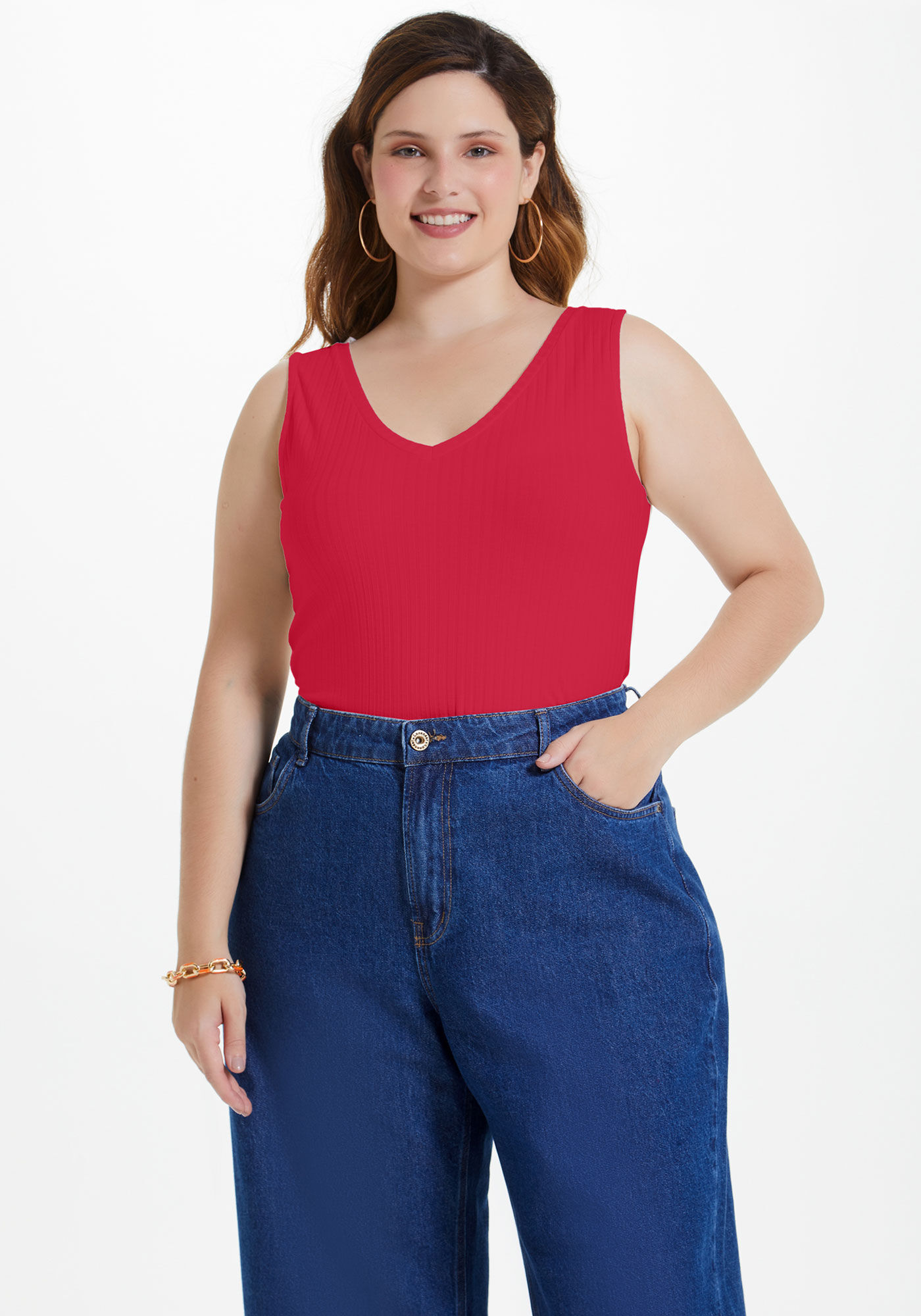 Blusa Regata Canelada De Al&ccedil;as Largas Em Malha De Viscose, VERMELHO STOP SIGN, large.