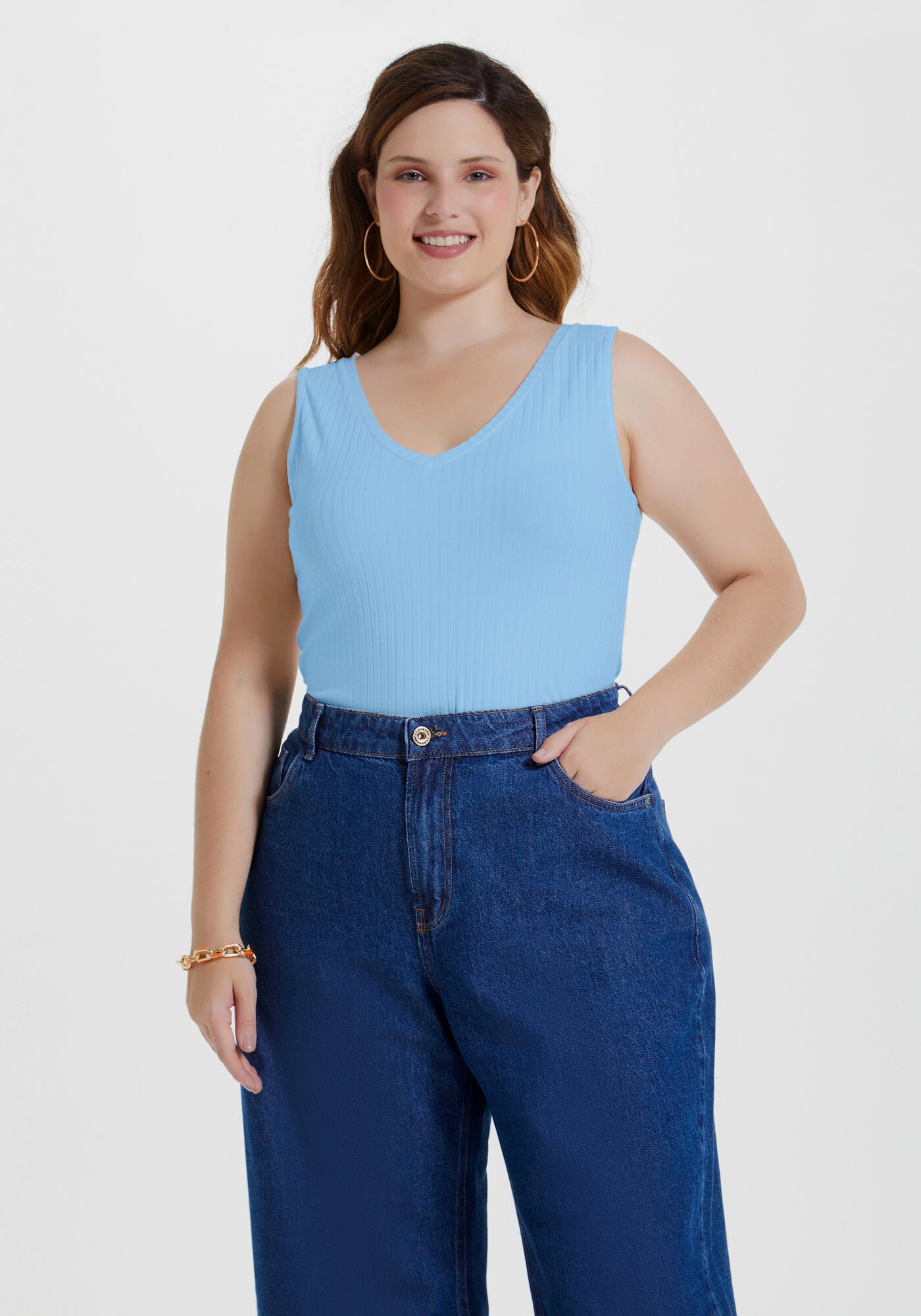 Blusa Regata Canelada De Al&ccedil;as Largas Em Malha De Viscose, , large.