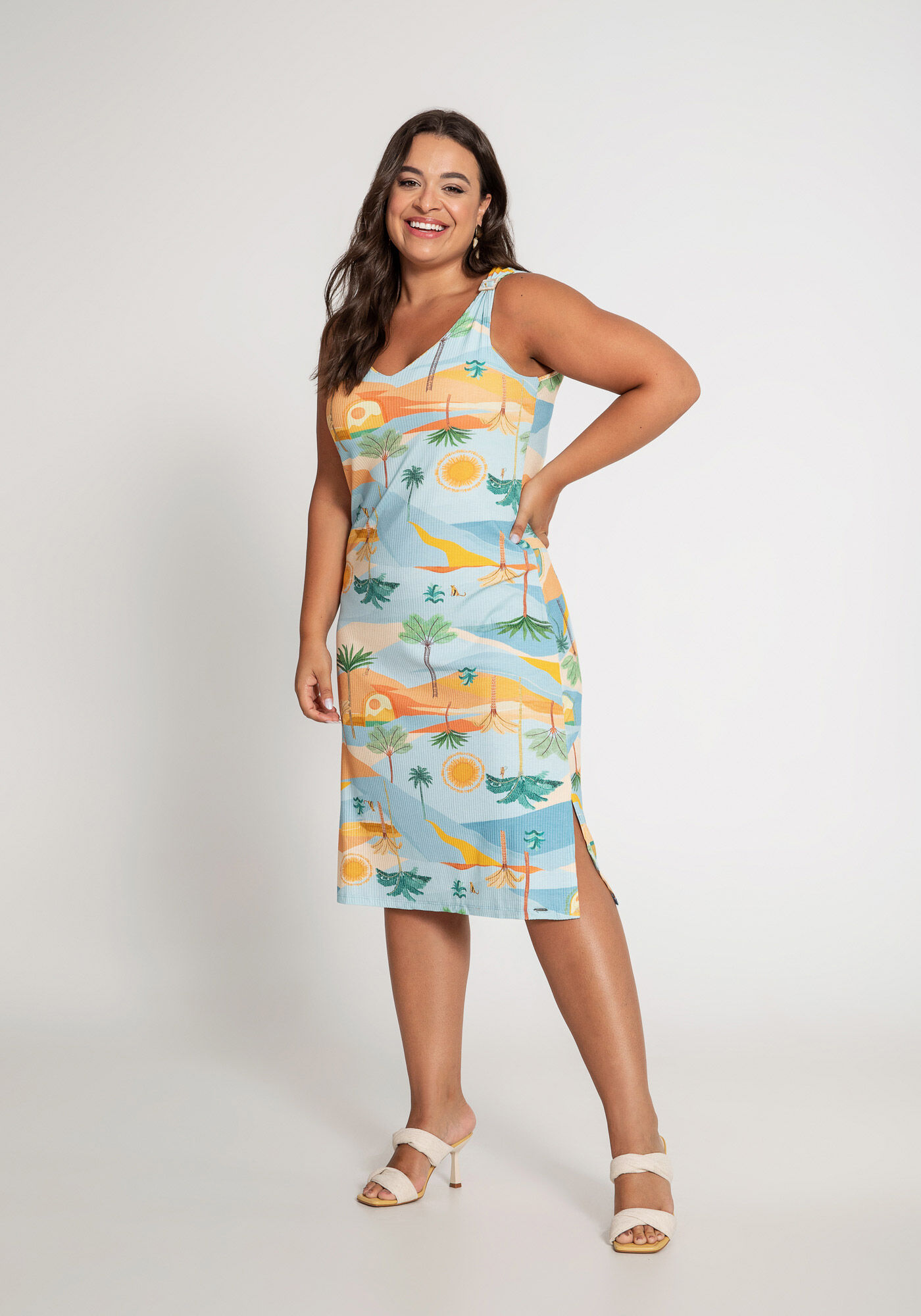 Vestido Midi Canelado Estampado Plus Size Lunender