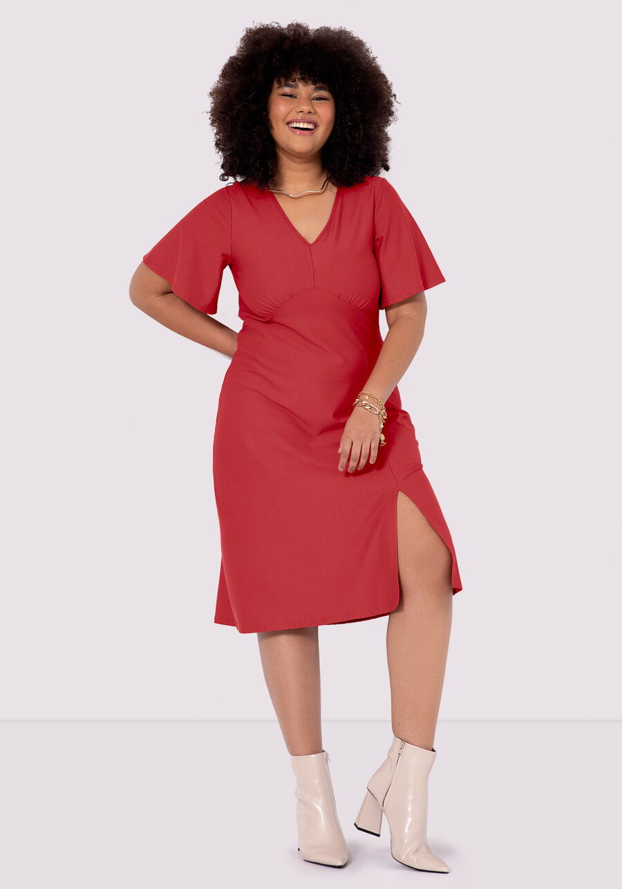 Vestido Midi Plus Size com Fenda, VERMELHO POMME. Vestido Midi Plus Size com Fenda, VERMELHO POMME, large.