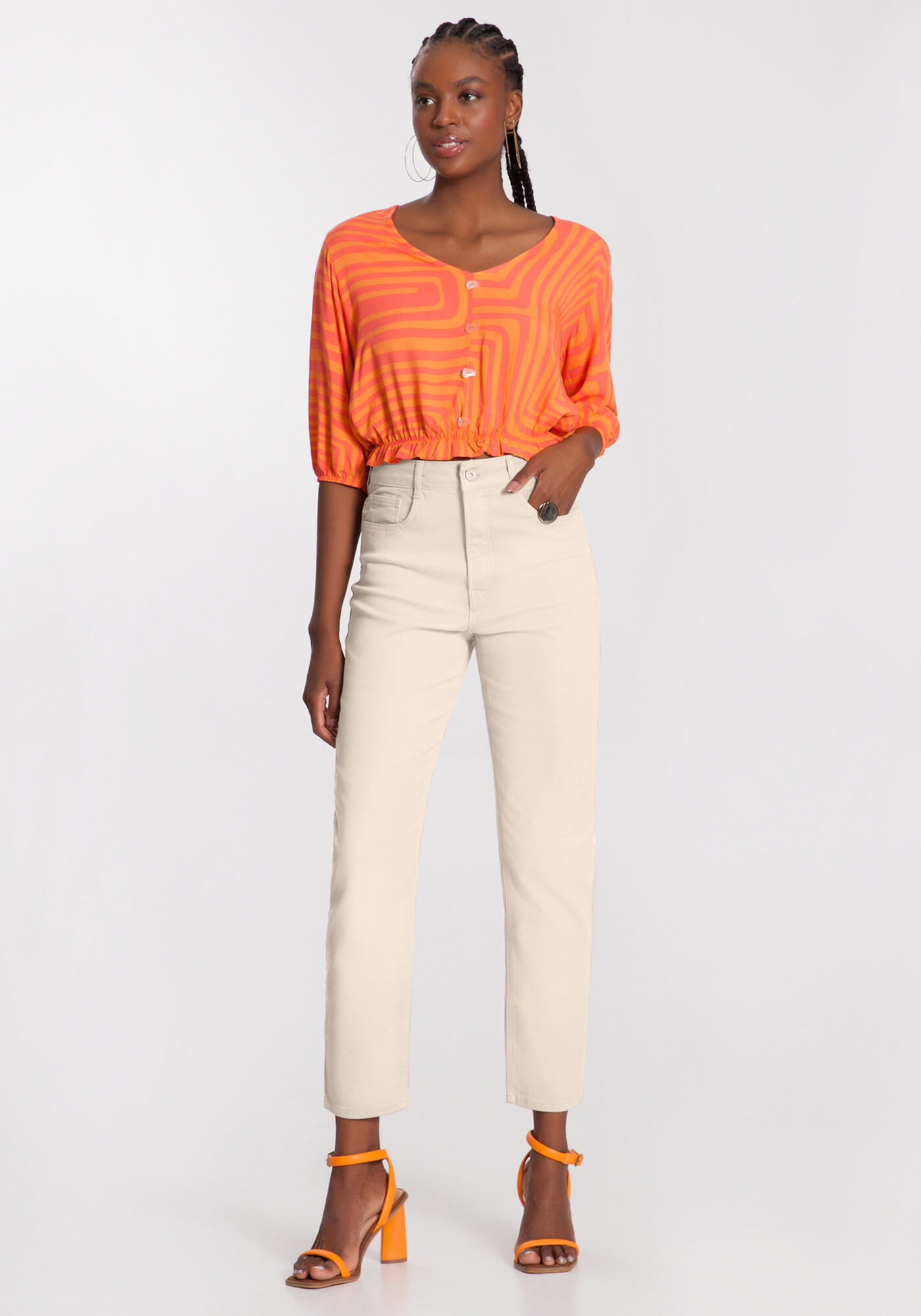 Blusa Cropped Estampada em Viscose com El&aacute;stico, , large.