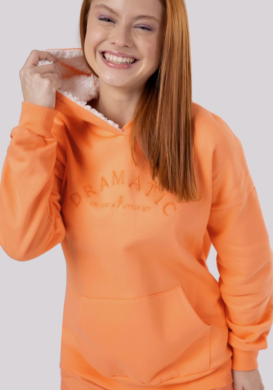 Blusão Juvenil em Moletom com Capuz Pelo, LARANJA BRIGHT. Blusão Juvenil em Moletom com Capuz Pelo, LARANJA BRIGHT, large.