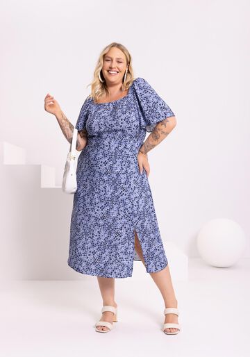 Vestido Midi Estampado Com Manga Flare E Decote Reto, ROMANCE AZUL. Vestido Midi Estampado Com Manga Flare E Decote Reto, ROMANCE AZUL, large.