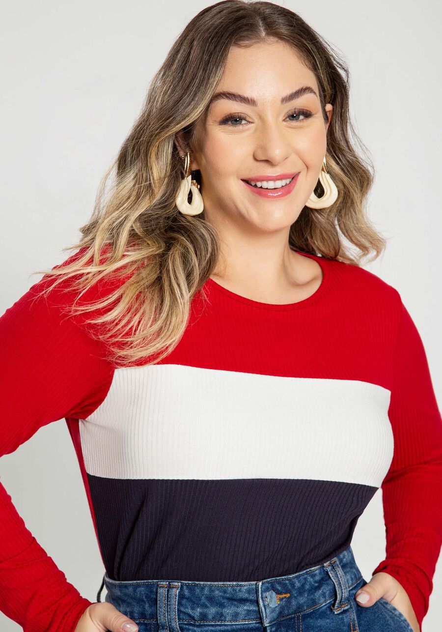 Blusa Manga Longa Canelada com Recortes Plus Size, VERMELHO SKETCH. Blusa Manga Longa Canelada com Recortes Plus Size, VERMELHO SKETCH, large.