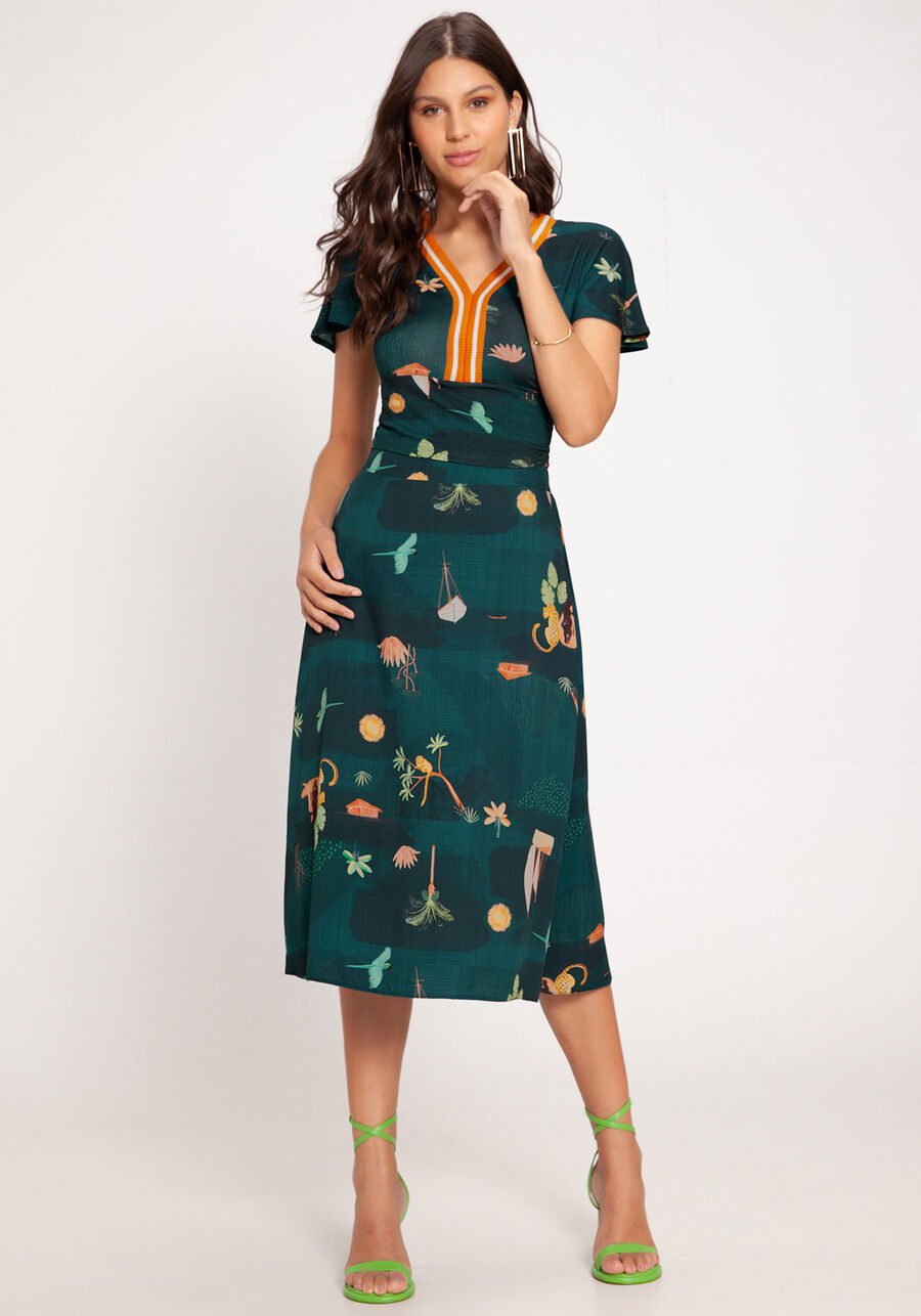 Saia Midi em Viscose Estampada, ORIGENS VERDE. Saia Midi em Viscose Estampada, ORIGENS VERDE, large.