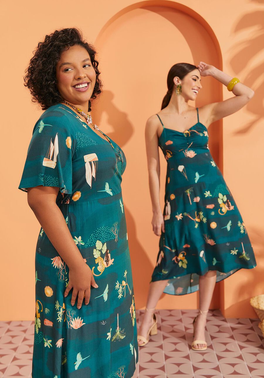 Vestido Midi Estampado em Viscose com Franzido, . Vestido Midi Estampado em Viscose com Franzido, , large.