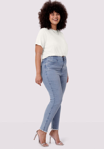 Calça Jeans Skinny Plus Size Cropped Chapa Barriga, JEANS, large.