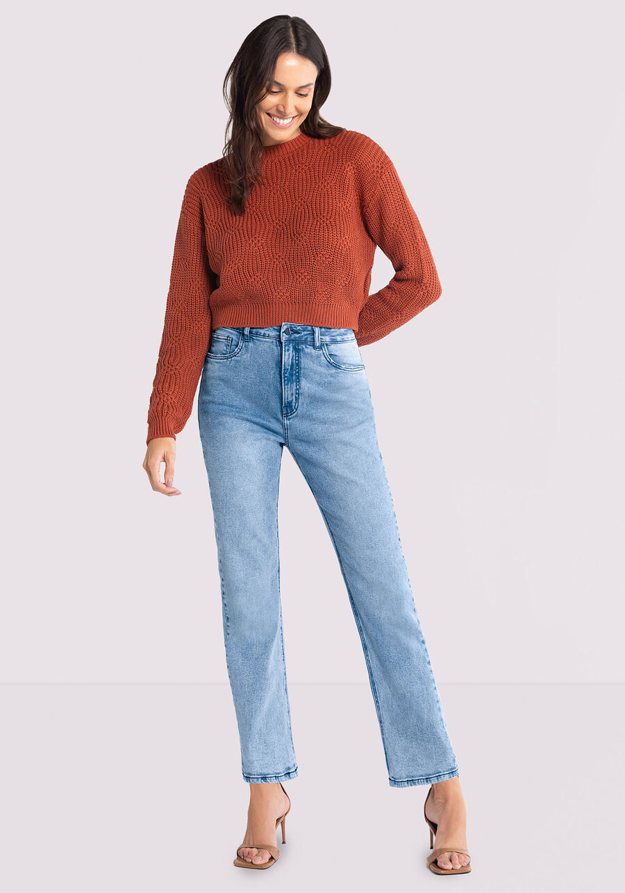 Calça Jeans Reta com Cintura Alta Chapa Barriga, JEANS. Calça Jeans Reta com Cintura Alta Chapa Barriga, JEANS, large.