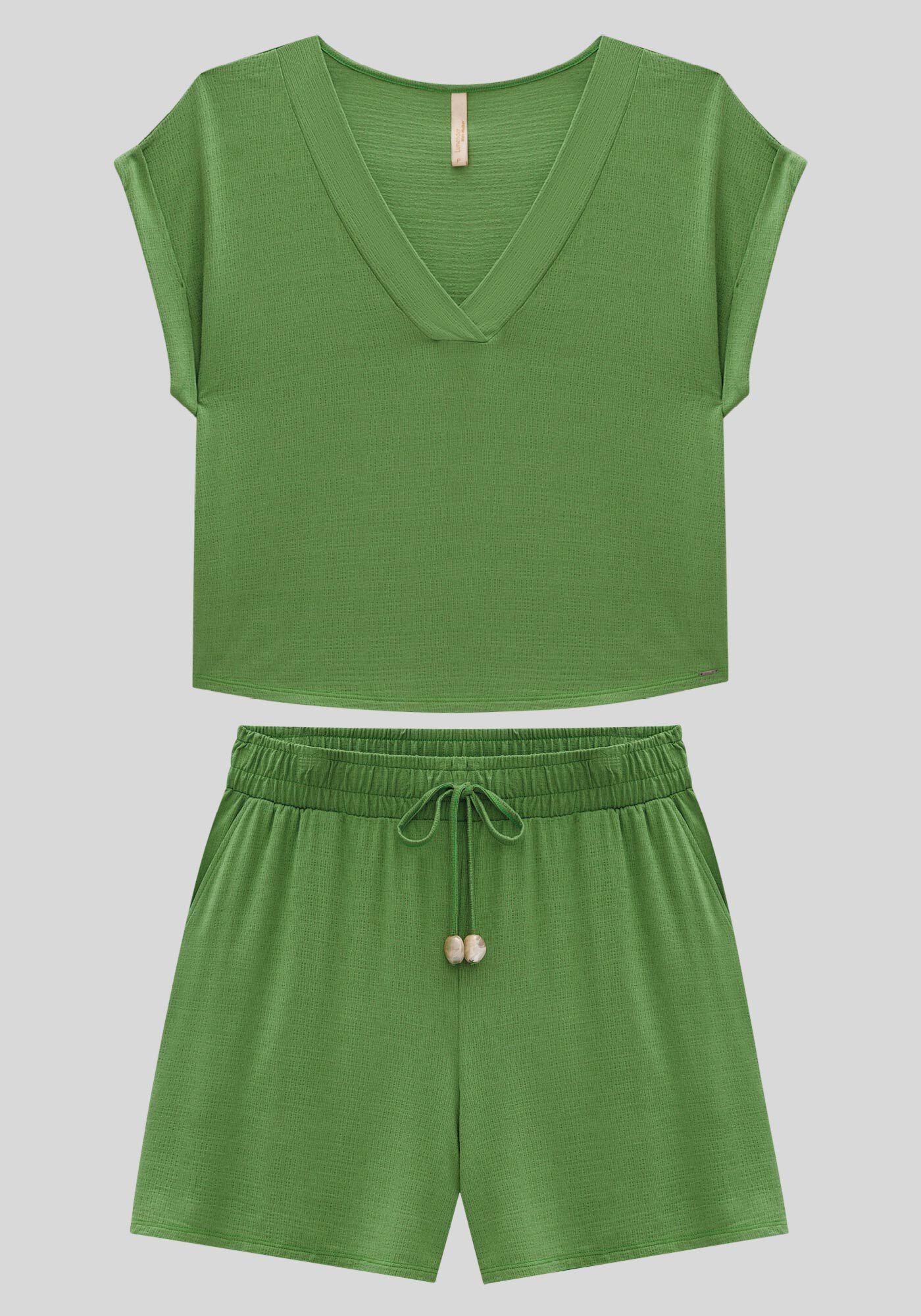 Conjunto Plus Size em Malha com Blusa e Shorts, VERDE FLORA, large.