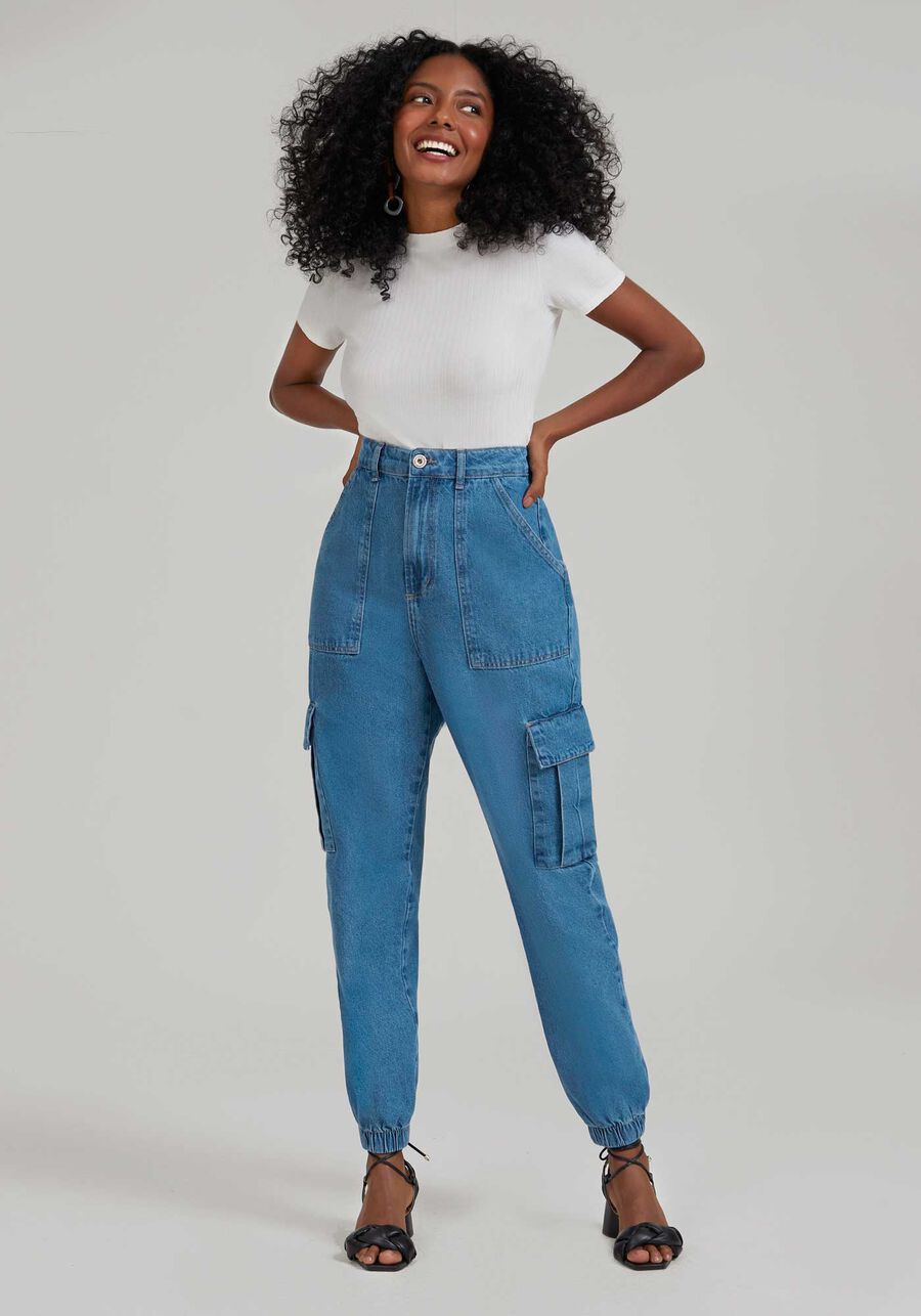 Calça Jeans Jogging com Bolso Cargo, JEANS. Calça Jeans Jogging com Bolso Cargo, JEANS, large.