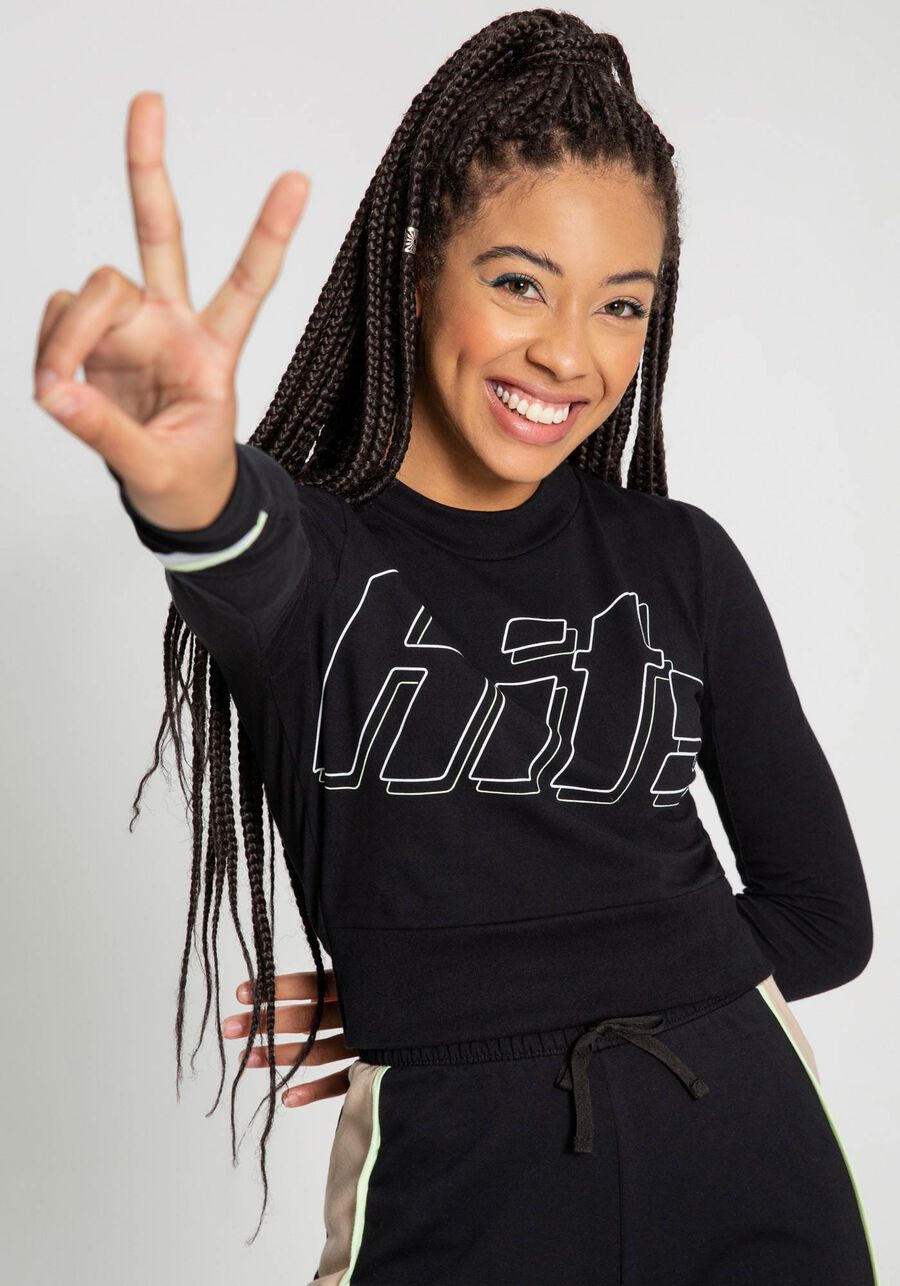 Blusa Manga Longa Cropped Estampa Hits Juvenil, PRETO REATIVO. Blusa Manga Longa Cropped Estampa Hits Juvenil, PRETO REATIVO, large.