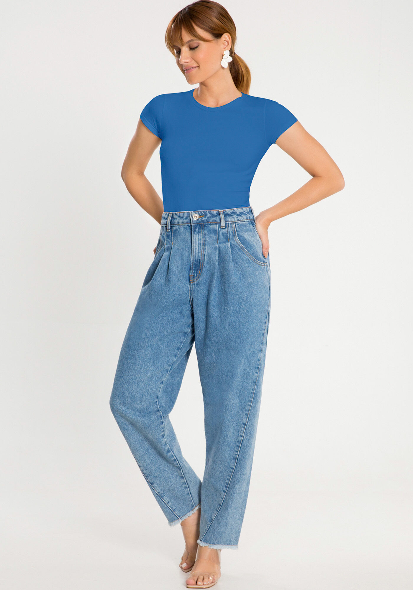 Blusa B&aacute;sica de Mangas Curtas Em Malha De Algod&atilde;o E Elastano, , large.