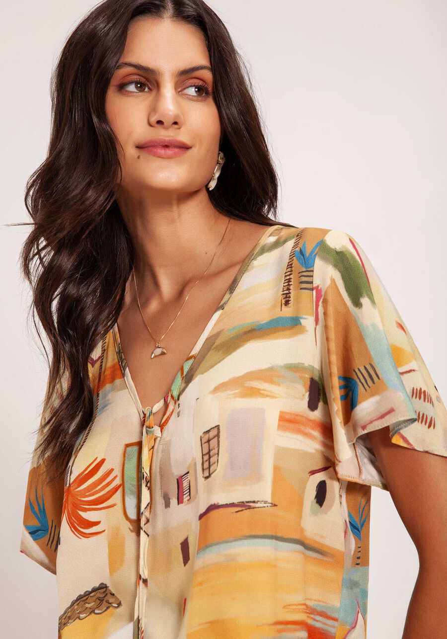 Blusa Estampada em Viscose com Amarração, VILAREJO LARANJA, large.