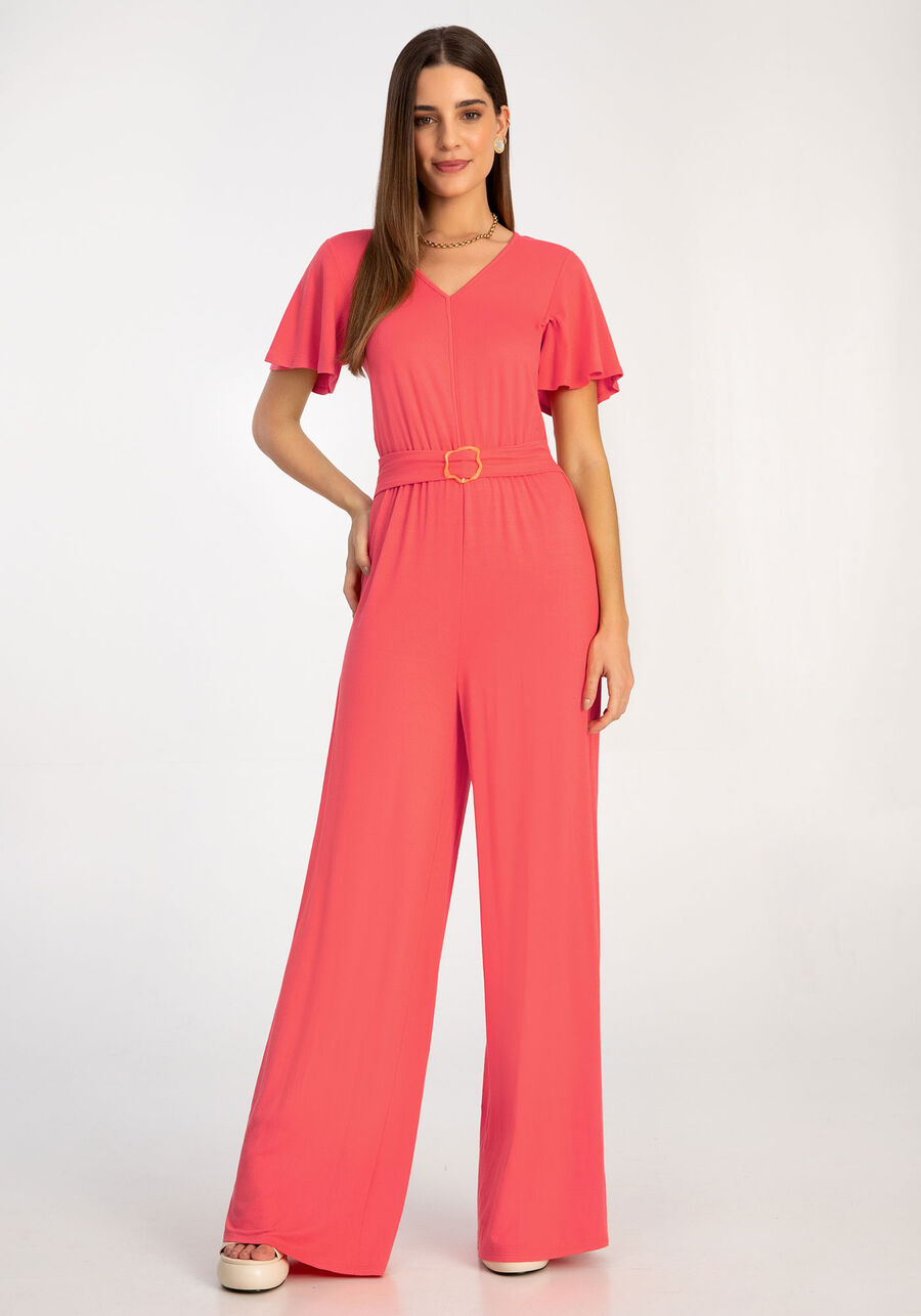 Macacão Longo Pantalona em Malha com Cinto, SALMAO BRIGHT CORAL. Macacão Longo Pantalona em Malha com Cinto, SALMAO BRIGHT CORAL, large.