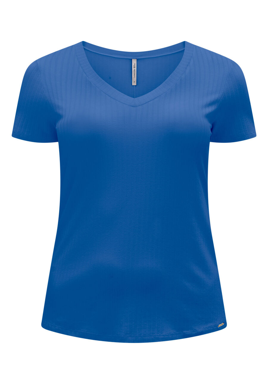 Blusa Básica Em Malha Canelada Com Mangas Curtas E Decote V, AZUL OMEGA. Blusa Básica Em Malha Canelada Com Mangas Curtas E Decote V, AZUL OMEGA, large.