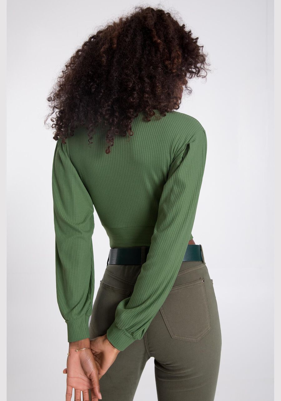 Blusa Cropped Canelada com Manga Bufante, VERDE NATIVE. Blusa Cropped Canelada com Manga Bufante, VERDE NATIVE, large.