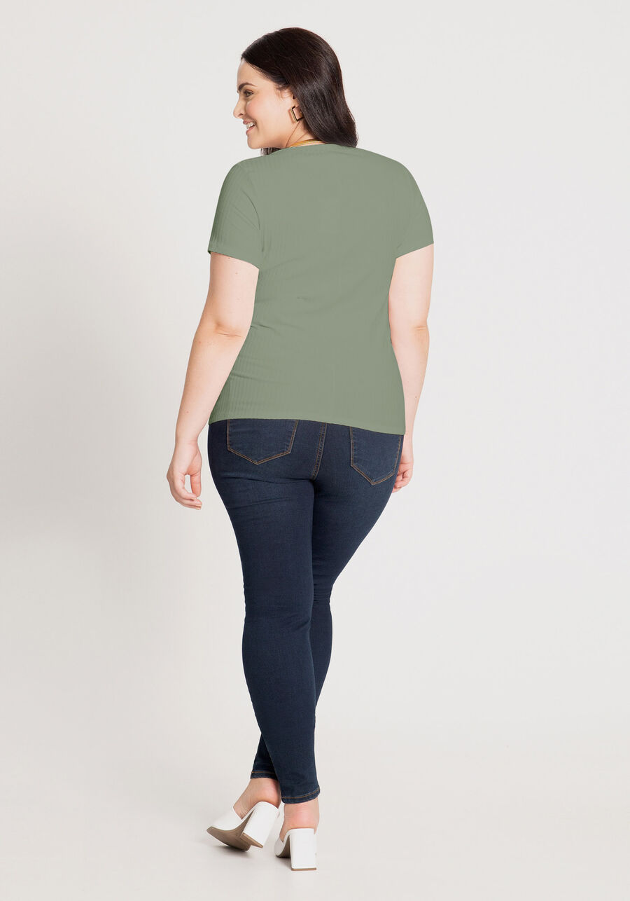 Blusa Básica Em Malha Canelada Com Mangas Curtas E Decote V, . Blusa Básica Em Malha Canelada Com Mangas Curtas E Decote V, , large.