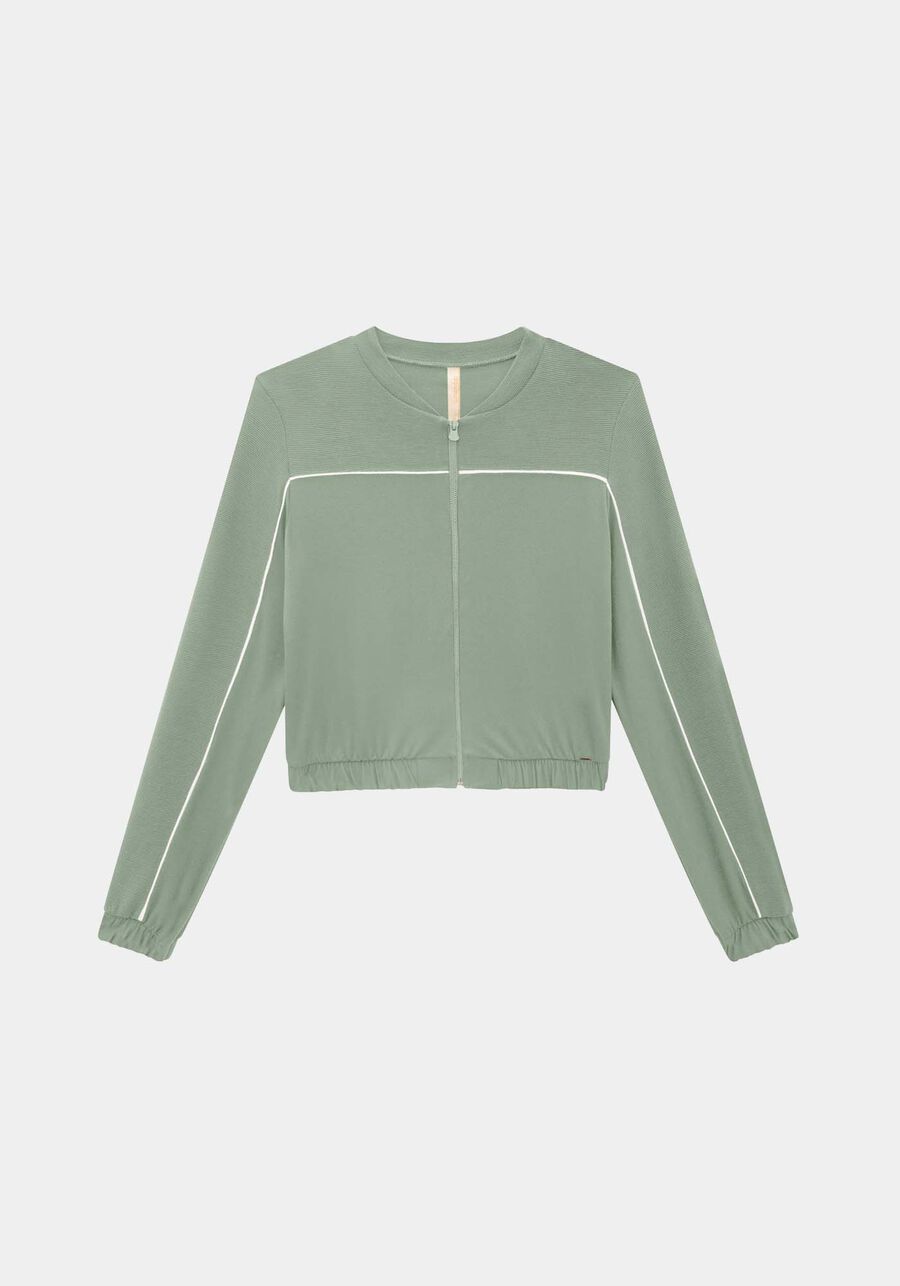 Jaqueta Cropped em Moletom Viscose com Filetes, VERDE MINERAL. Jaqueta Cropped em Moletom Viscose com Filetes, VERDE MINERAL, large.