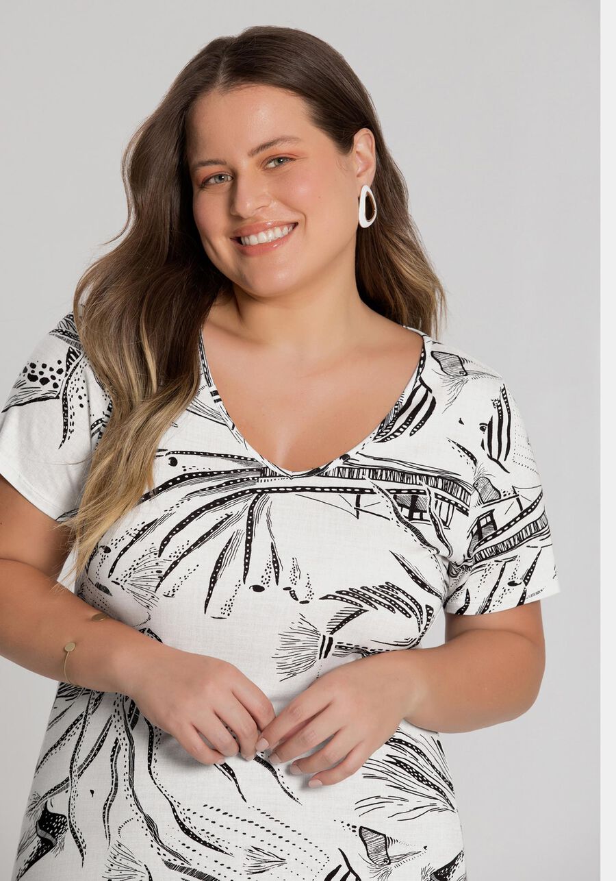 Blusa em Viscose Estampada Plus Size, BRANCO OFF WHITE. Blusa em Viscose Estampada Plus Size, BRANCO OFF WHITE, large.