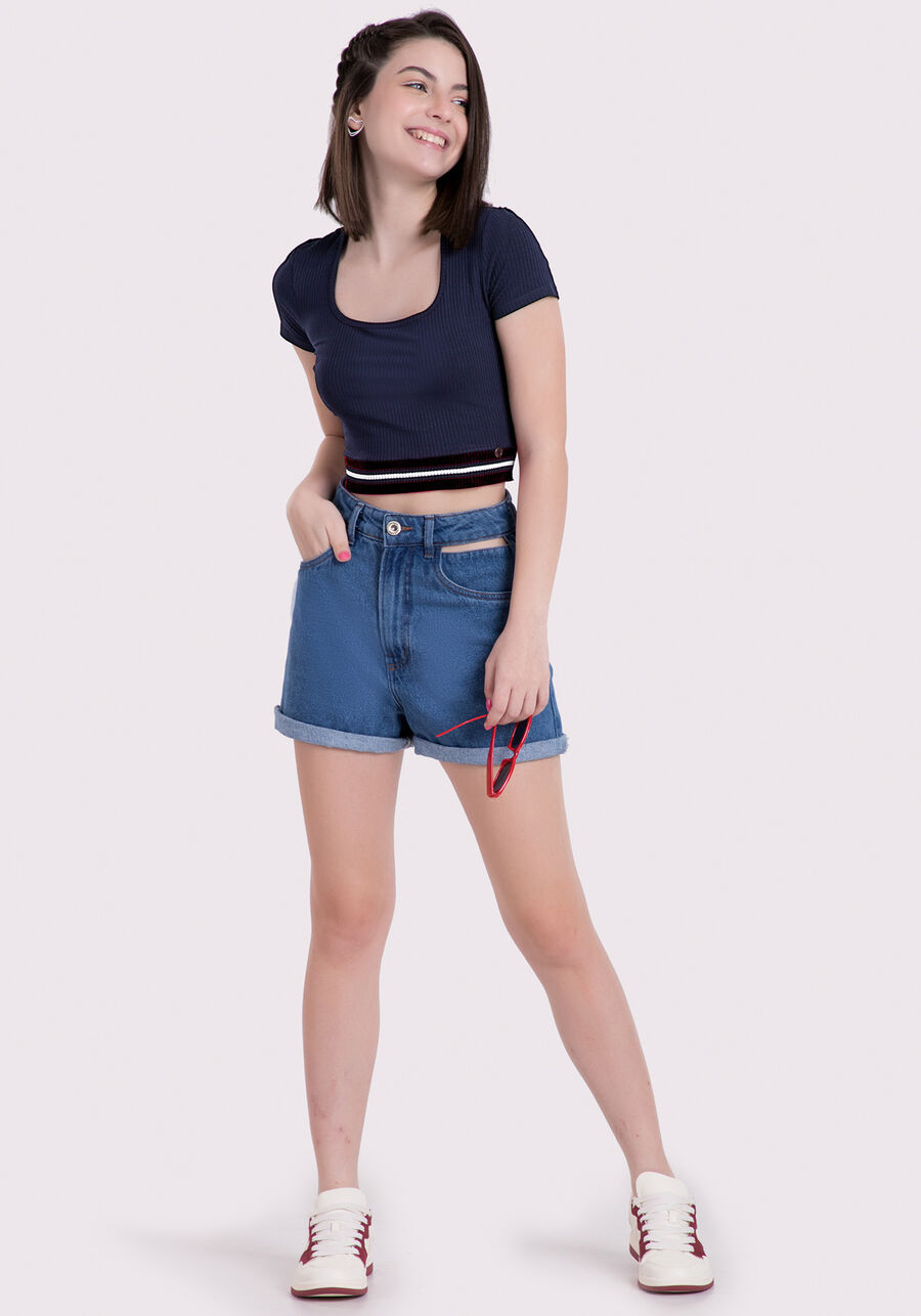 Blusa Juvenil Cropped Canelada com Decote Quadrado, MARINHO ACTION. Blusa Juvenil Cropped Canelada com Decote Quadrado, MARINHO ACTION, large.