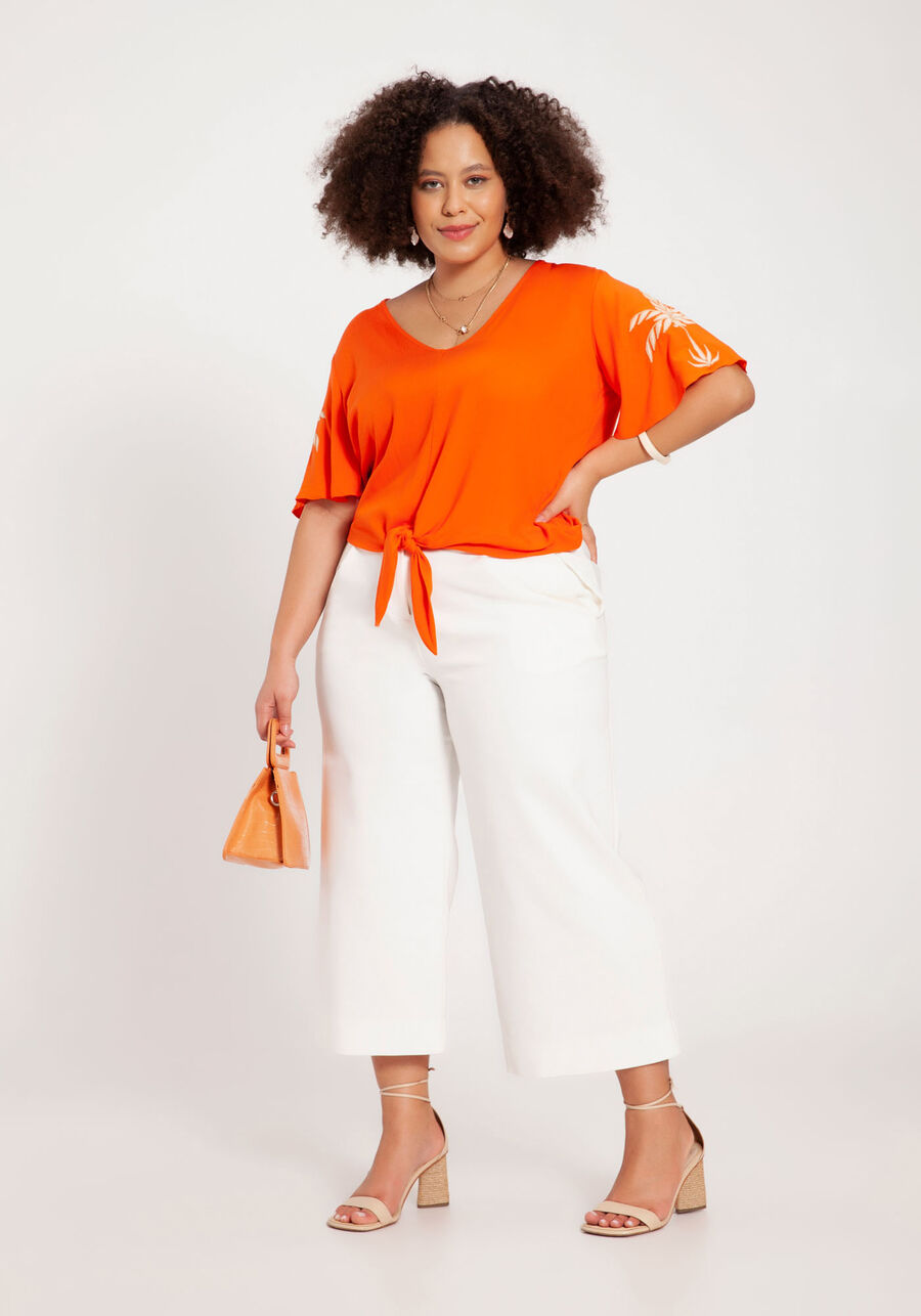 Blusa Plus Size em Viscose com Bordado e Laço, LARANJA MAMAO. Blusa Plus Size em Viscose com Bordado e Laço, LARANJA MAMAO, large.
