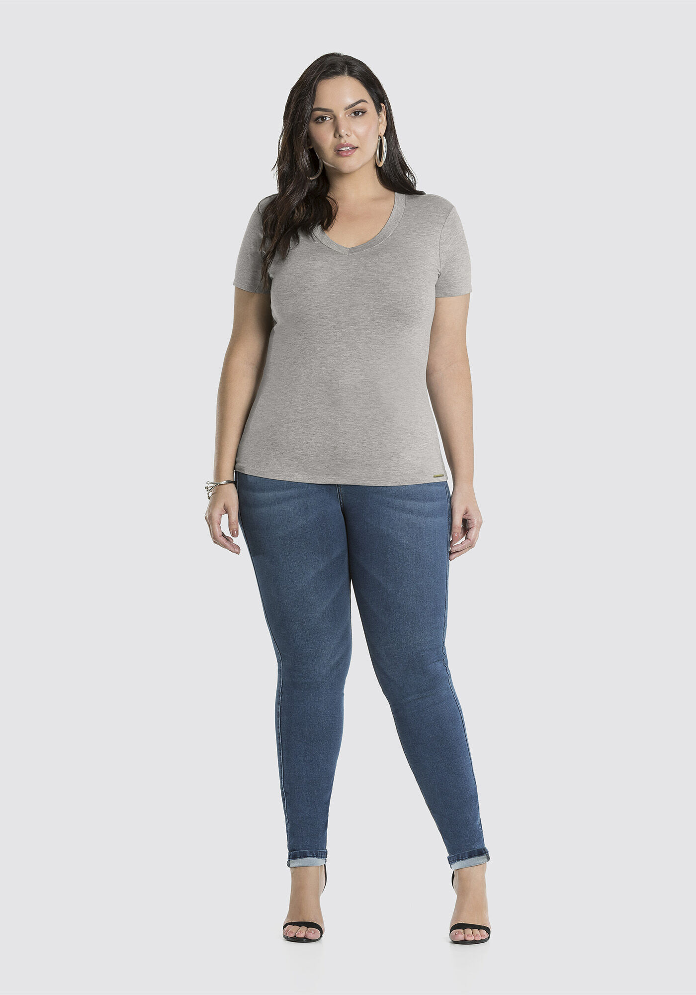 Blusa Plus Size Malha B&aacute;sica, MESCLA MEDIO, large.