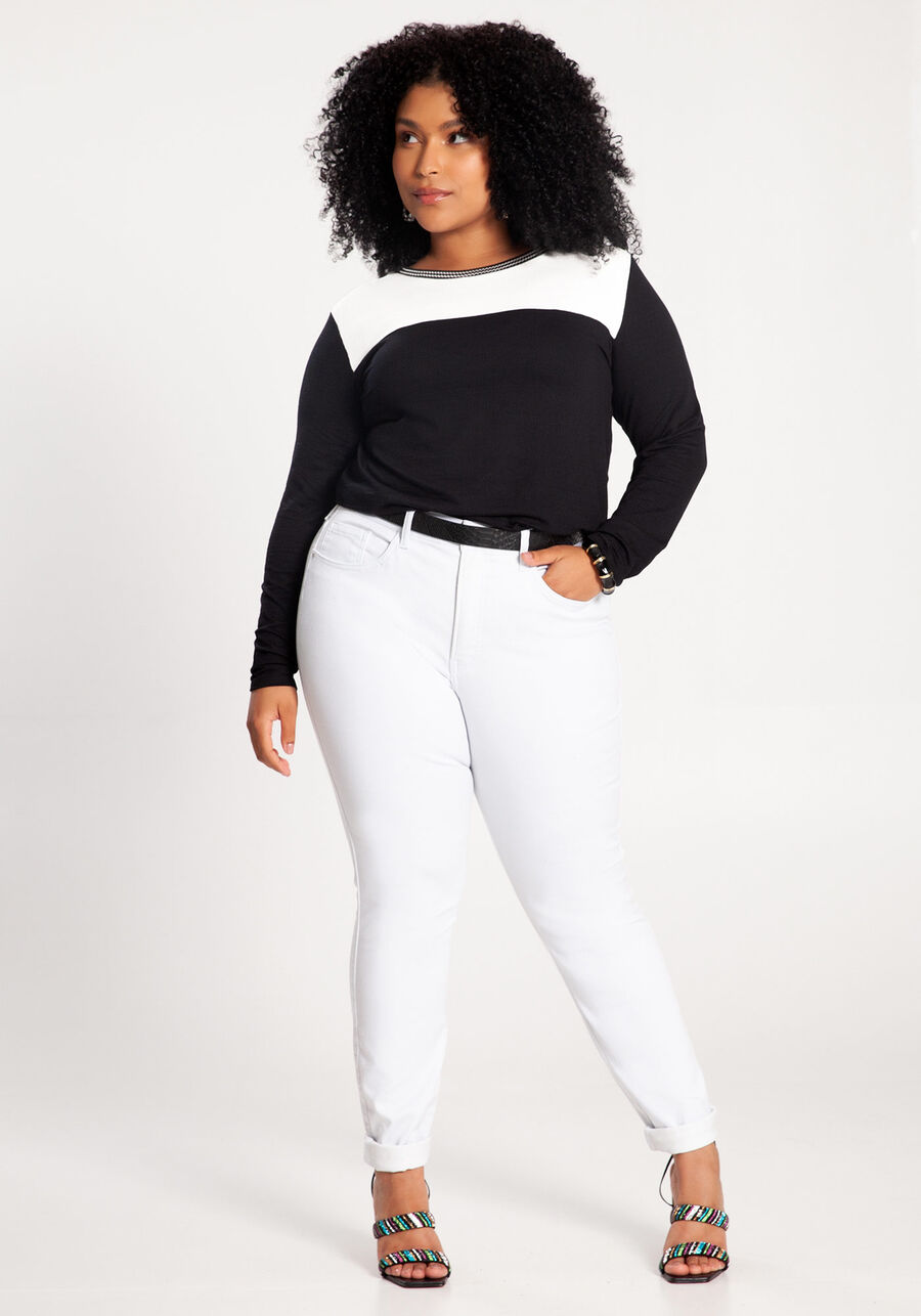 Blusa Plus Size Mullet em Malha com Recorte, PRETO REATIVO. Blusa Plus Size Mullet em Malha com Recorte, PRETO REATIVO, large.