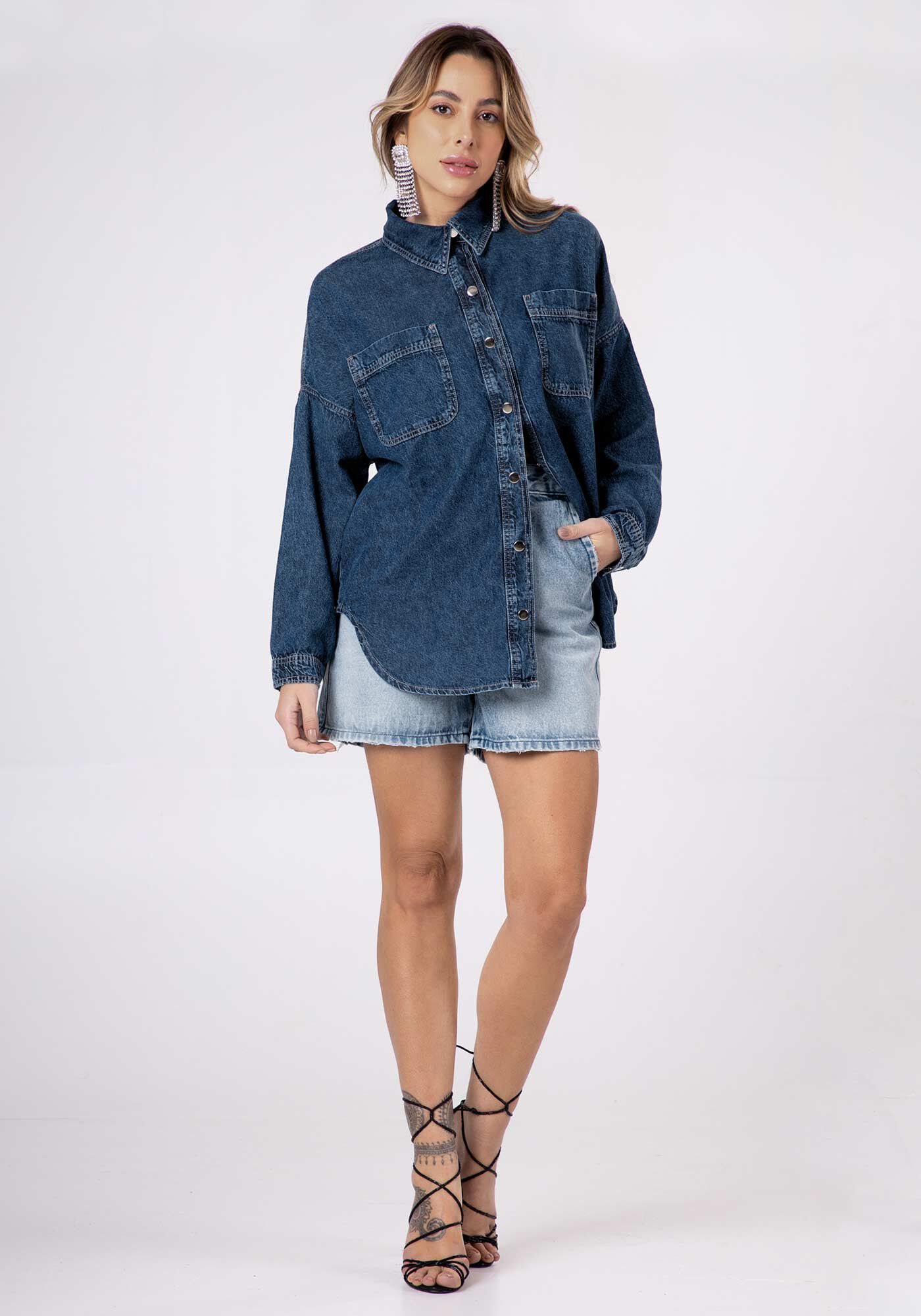 Camisa Jeans Oversize Manga Longa Lunender