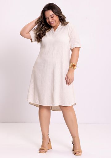 Vestido Curto Em Sarja Amaciada Com Decote Em V, NATURAL. Vestido Curto Em Sarja Amaciada Com Decote Em V, NATURAL, large.