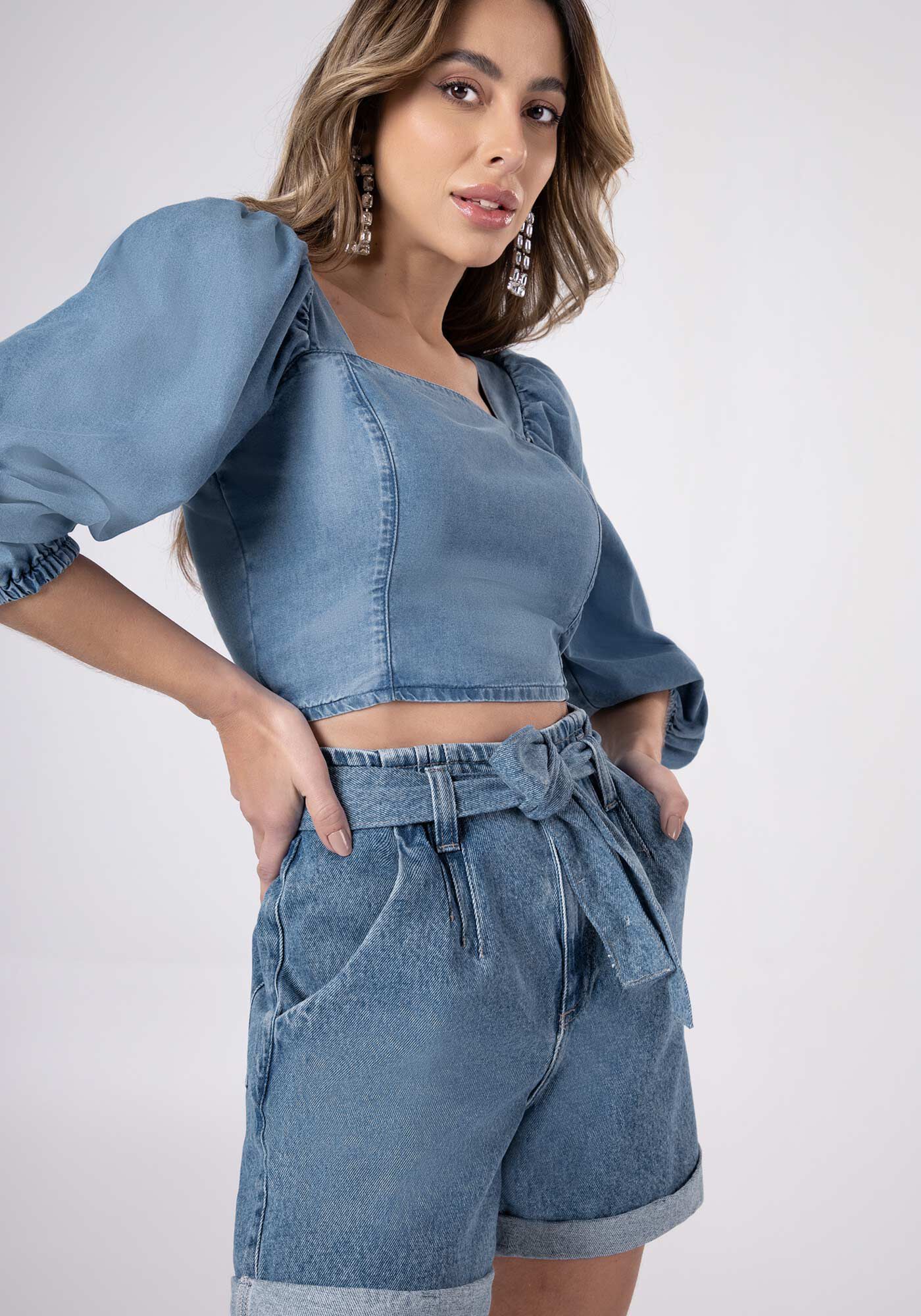 Top Cropped Jeans com Mangas Bufantes, JEANS, large.