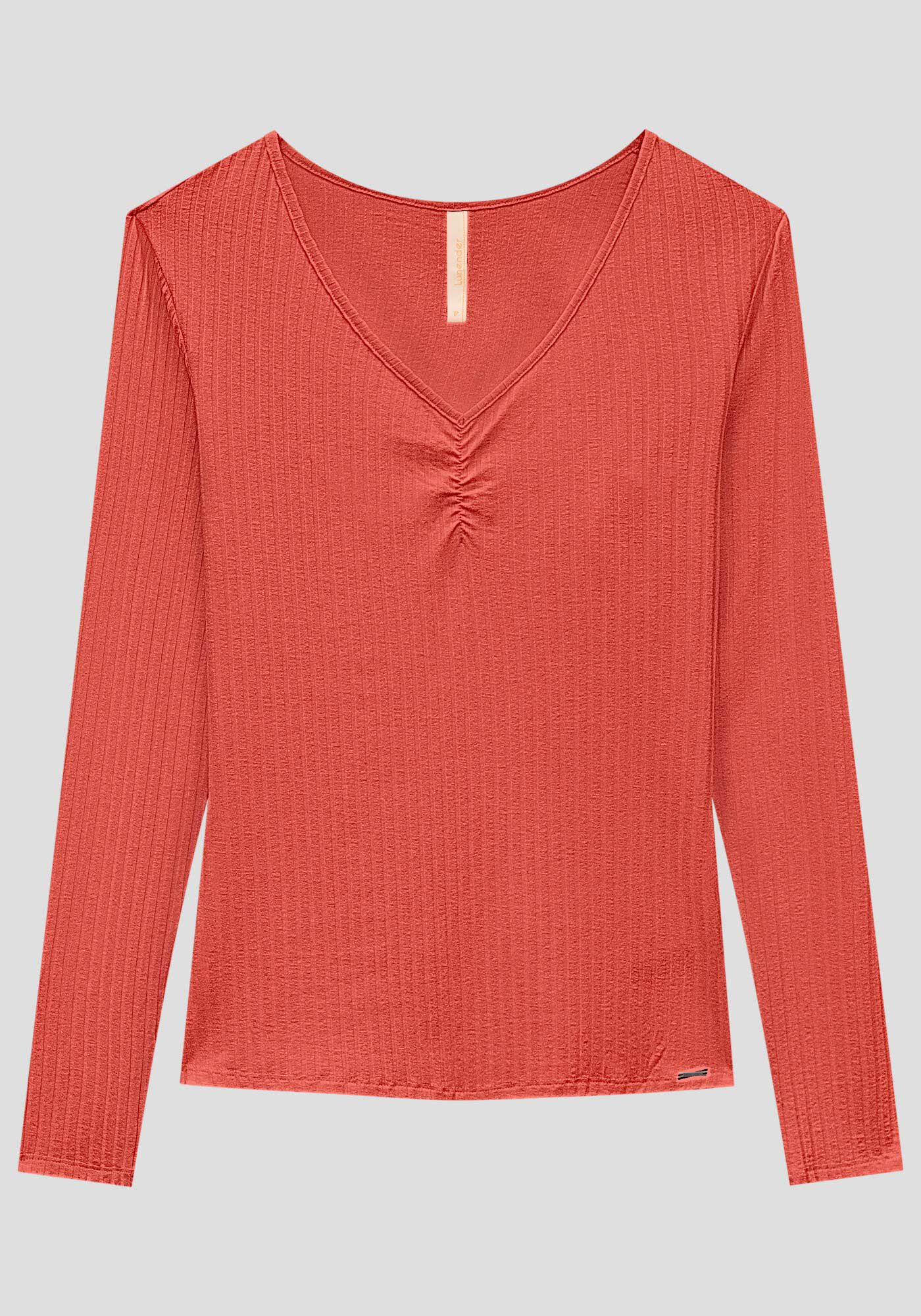 Blusa De Malha Canelada Com Mangas Longas E Decote Em V, , large.