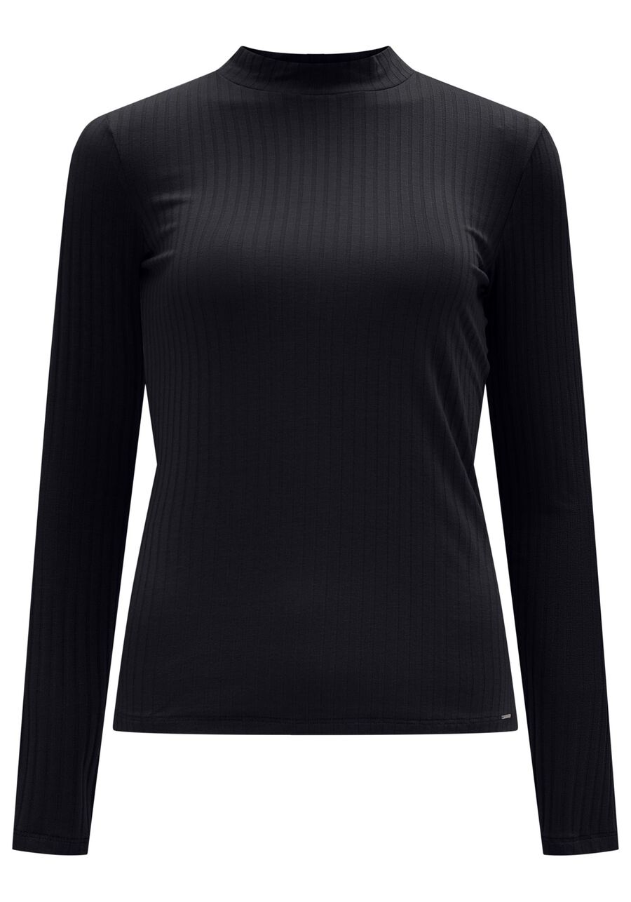 Blusa Manga Longa Canelada com Gola Alta, PRETO REATIVO. Blusa Manga Longa Canelada com Gola Alta, PRETO REATIVO, large.